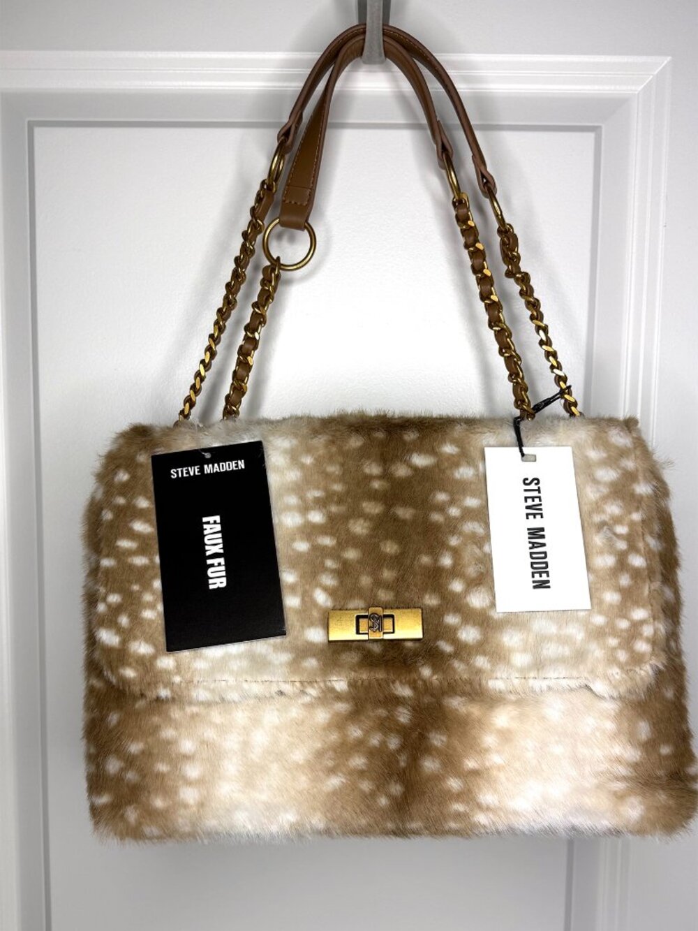 Steve Madden Bkolman Faux Fur Natural Shoulder Bag w/ Gold Chain Strap New Viral